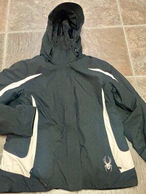 ~~Spyder Ski Jacket Women's 14 Black/White Hooded Winter Coat Insulated Spyder